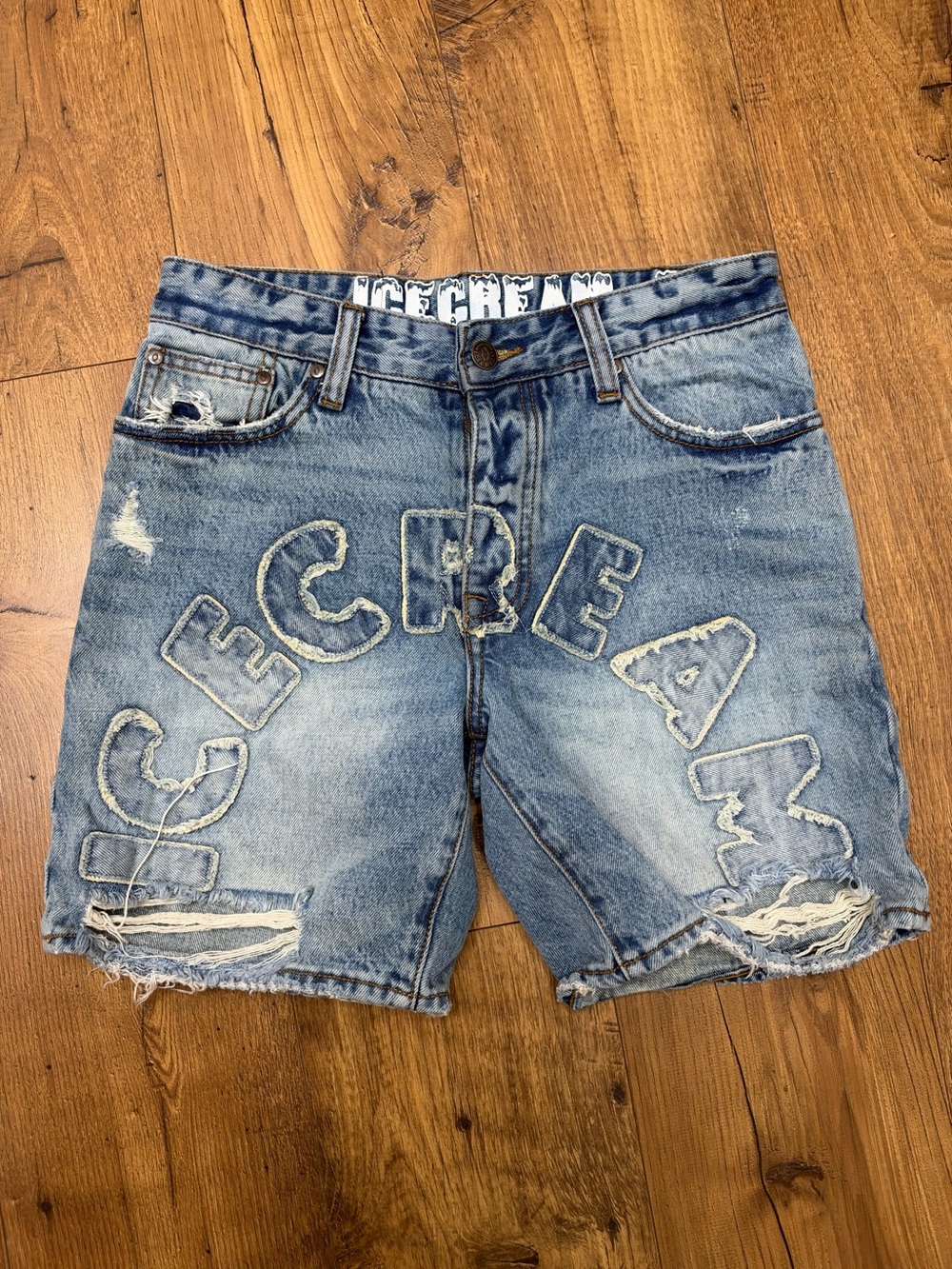 Icecream Distressed Light Blue Denim Logo Patch Shorts